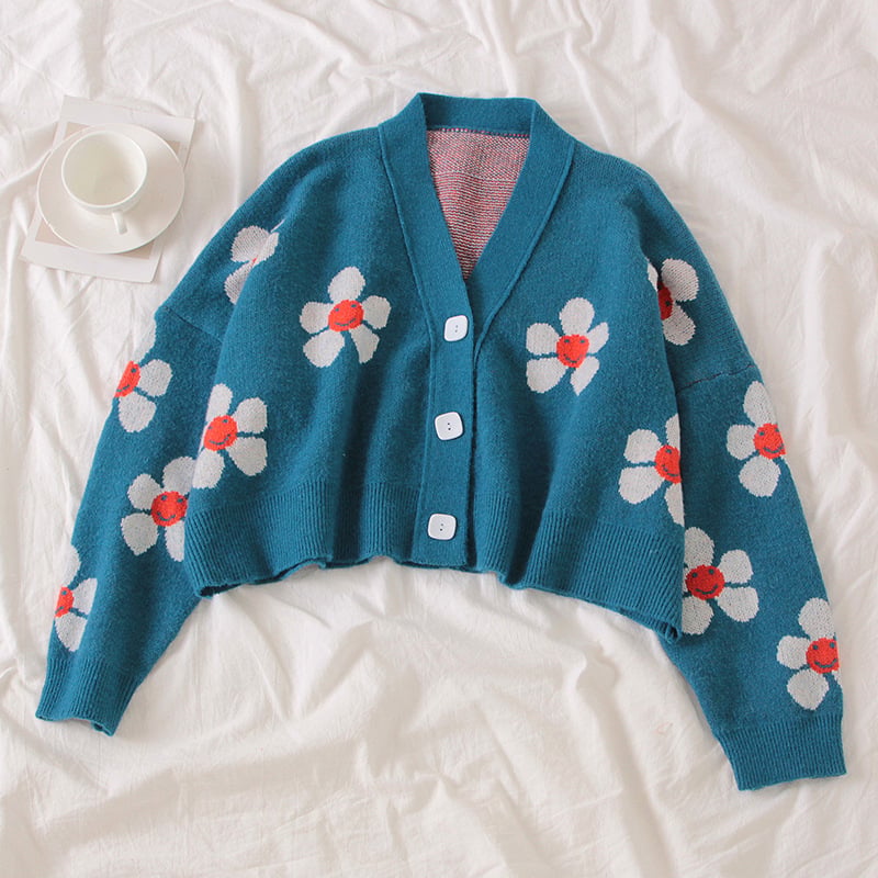 Cute Vintage Flower V Neck Long Sleeve Knit Cardigan Sweater Sweatshirt Pullover Jumper E-Girl Kawaii Korean Japanese Harajuku Streetwear