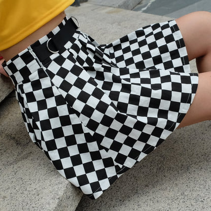 Cute Sexy Checkered Pleated Black White Sash High Waisted Skater Skirt E-Girl Kawaii Korean Japanese Harajuku Streetwear