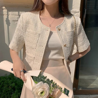 Heart Button Tweed Short Sleeve Blouse