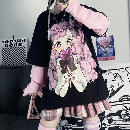 Cute Aesthetic Black Anime Girl Cartoon Print Short Sleeve Shirt Oversized Loose T-shirt Top Goth E-Girl Kawaii Korean Japanese Harajuku Streetwear