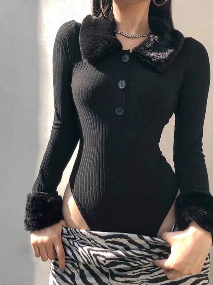 Black Faux Fur V Neck Bodycon Sweater