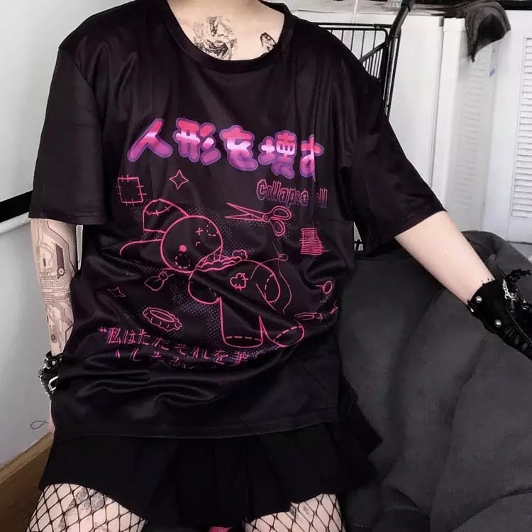 Cute Black Rabbit Bunny Print Oversized Loose Short Sleeve Shirt Tee T-shirt Summer Casual Goth Punk E-Girl Kawaii Korean Japanese Harajuku Streetwear