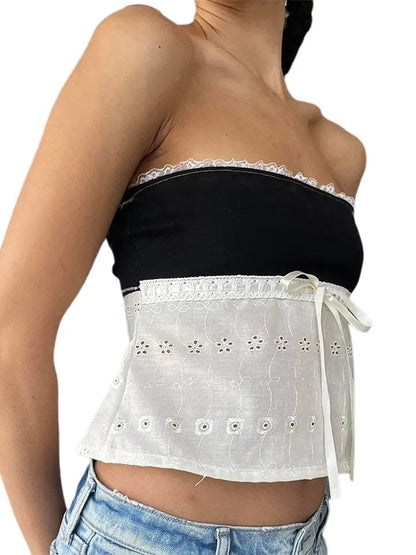 Off Shoulder Lace Trim Patchwork Top