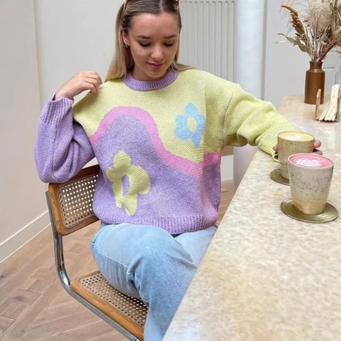 Purple & Yellow Flower Print Patchwork Sweater