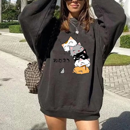 Cute Cat Print Oversized Sweatshirt Pullover Sweater Hoodie Aesthetic Casual E-Girl Kawaii Korean Japanese Harajuku
