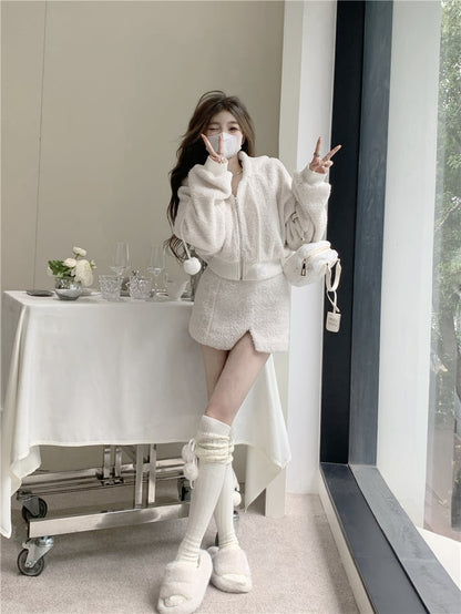 2PCS White Soft Zipper Hoodie + Split Mini Skirt