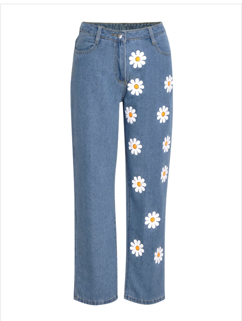Cute Flower Daisy Denim Chic High Waisted Vintage Jean Pants Trouser E-Girl Kawaii Korean Japanese Harajuku Chinese Retro Streetwear Aesthetic