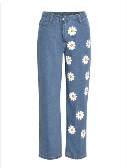 Cute Flower Daisy Denim Chic High Waisted Vintage Jean Pants Trouser E-Girl Kawaii Korean Japanese Harajuku Chinese Retro Streetwear Aesthetic