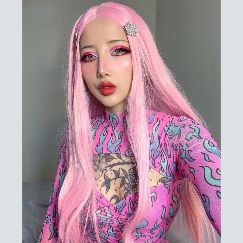 Sexy Pink Fire Flame Print Hollow Cut Out Long Sleeve Mini Dress Ruched Bodycon Club Party Summer E-Girl Kawaii Korean Japanese Harajuku Streetwear