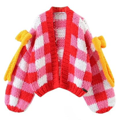 3D Red & White Crochet Cardigan with Yellow Bow