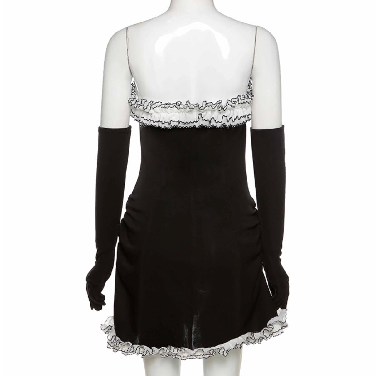 Sexy Sweet Black Lace Ruffles Strapless ,Mini Dress Party Club Summer Aesthetic Casual E-Girl Kawaii Korean Japanese Harajuku