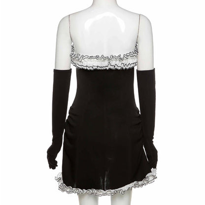 Sexy Sweet Black Lace Ruffles Strapless ,Mini Dress Party Club Summer Aesthetic Casual E-Girl Kawaii Korean Japanese Harajuku