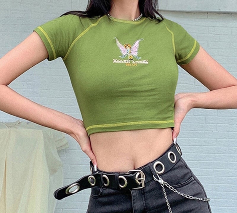 Cute Butterfly Graphic Letter Green Crop Top Short Sleeve Shirt Tee T-shirt E-Girl Kawaii Korean Japanese Harajuku Chinese Retro Streetwear Aesthetic