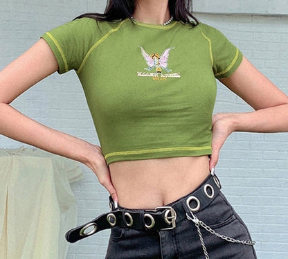Cute Butterfly Graphic Letter Green Crop Top Short Sleeve Shirt Tee T-shirt E-Girl Kawaii Korean Japanese Harajuku Chinese Retro Streetwear Aesthetic