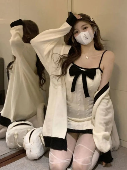 2 Piece White Knit Bow Dress + Sweater