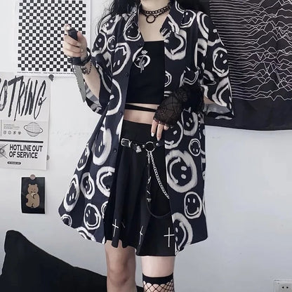 Black Smiley Happy Face Cartoon Print Button Down Oversize Short Sleeve Shirt Goth Aesthetic Casual Summer E-Girl Kawaii Korean Japanese Harajuku
