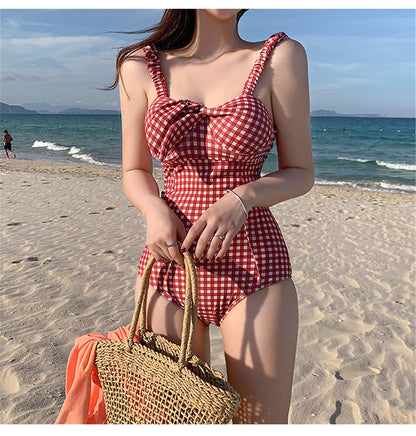 Sexy Red Plaid Push Up One Piece Swimsuit Aesthetic Casual E-Girl Kawaii Korean Japanese Harajuku