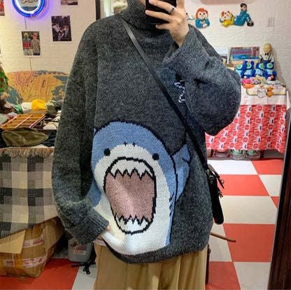 Cute Funny Shark Cartoon Knit Turtleneck Oversized Sweater Pullover Winter Aesthetic Casual Kawaii Korean Japanese Harajuku
