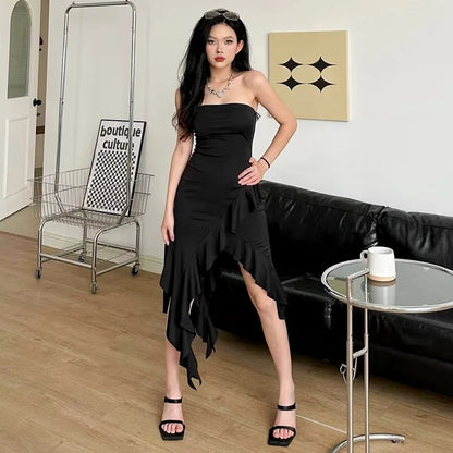 Black Irregular Backless Off Shoulder Dress