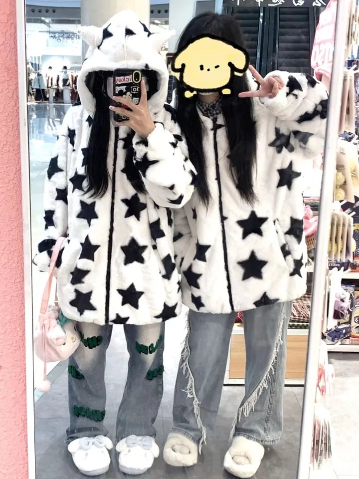 3D Star Ear Print Plush Hood Jacket