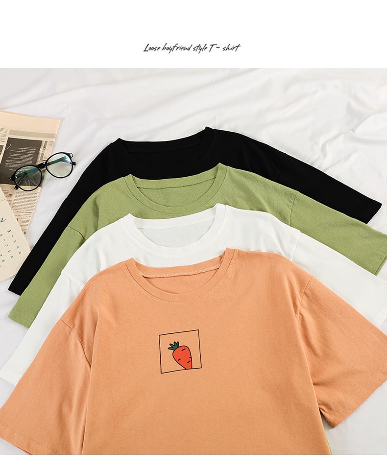 Cute 90s Carrot Print Cartoon vintage Graphic Tee T-shirt Short Sleeve Shirt Top E-Girl Kawaii Korean Japanese Harajuku Retro Streetwear