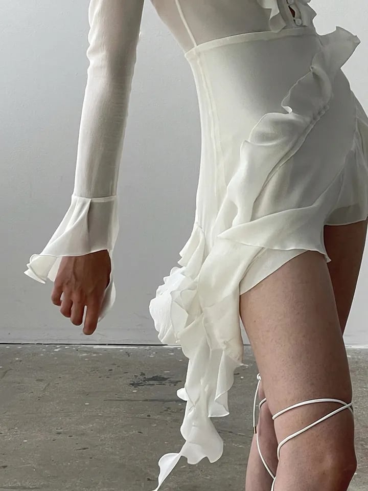 White Ruffle A-Line Chiffon Long Sleeve Flare Dress