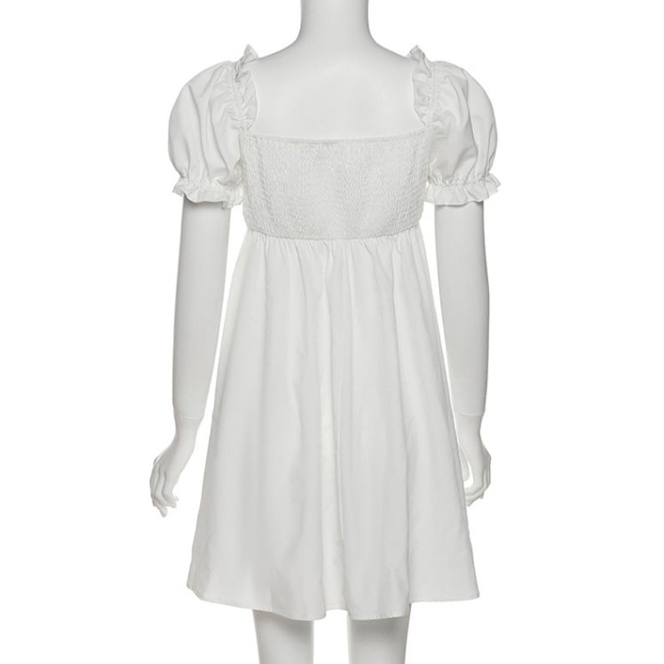 White Puff Sleeve Ruffle Trim Mini Dress
