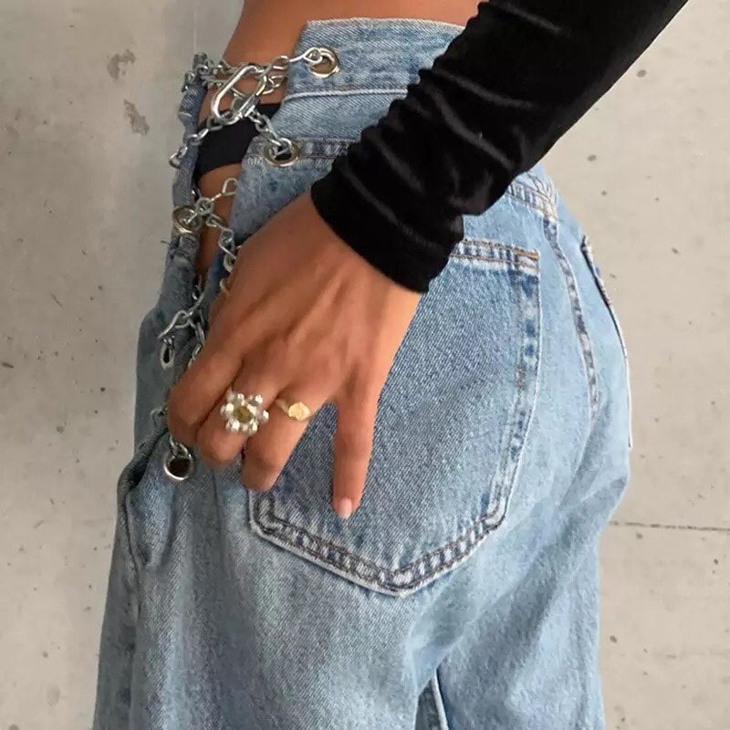 Chain High Waist Straight Denim Jeans Legs Light Blue Pants Summer Aesthetic Casual E-Girl Kawaii Korean Japanese Harajuku