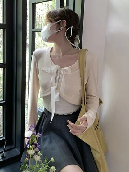 2PCS Bow Cropped Cardigan