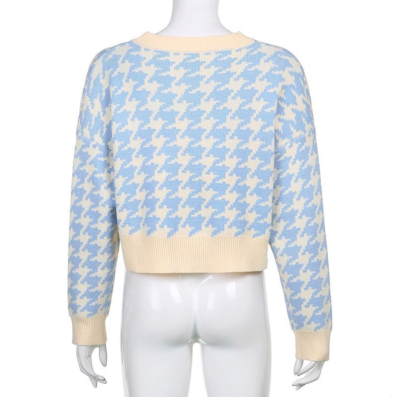 Cute Vintage Plaid Button Cardigan V Neck Knit Cropped Long Sleeve Shirt Sweater Pullover Aesthetic E-Girl Kawaii Korean Japanese Harajuku Streetwear