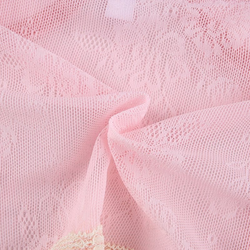 Cute Sexy Pink Sweet Lace Trim Bow Crop Top V Neck Transparent Sleeveless Shirt Summer Party E-Girl Kawaii Korean Japanese Harajuku Streetwear