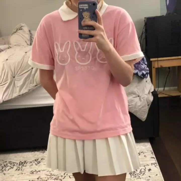 Cute Pastel Bunny Rabbit Embroidery Polo Short Sleeve T- Shirt Top Aesthetic Casual Summer E-Girl Kawaii Korean Japanese Harajuku