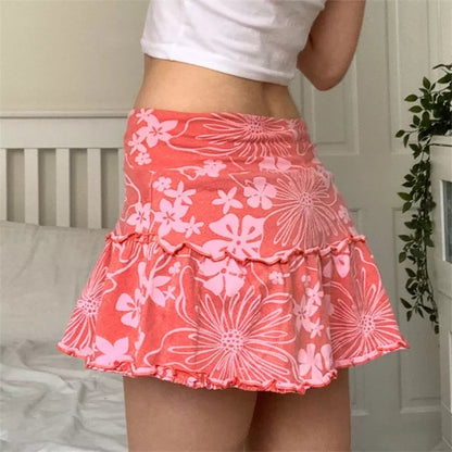 Hawaiian Hibiscus Flower High Waist Pleated Ruffle Mini Skirt