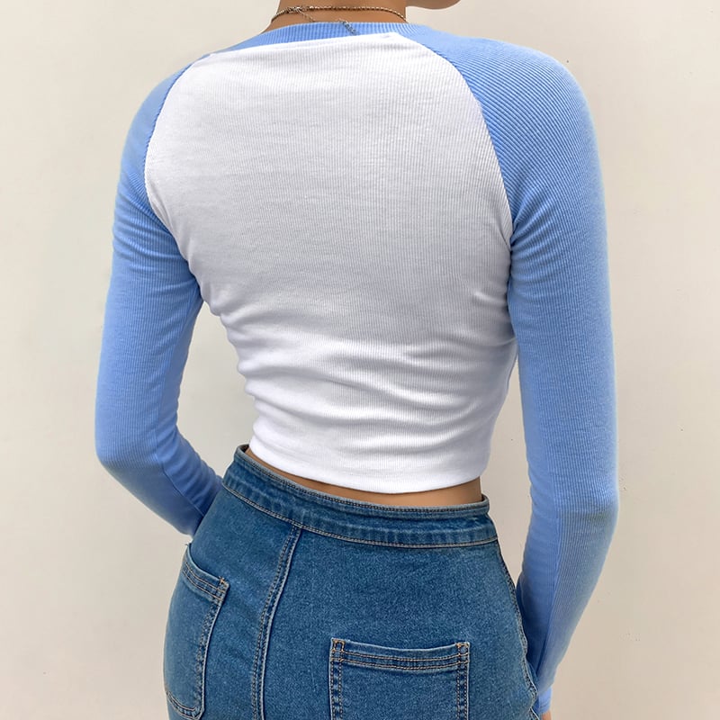 Cute Color Contrast Patchwork Crop Top Long Sleeve Shirt TeeT-shirt Casual Autumn E-Girl Kawaii Korean Japanese Harajuku Streetwear