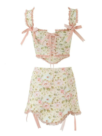 Floral Print Lace Up Corset Top + Mini Skirt