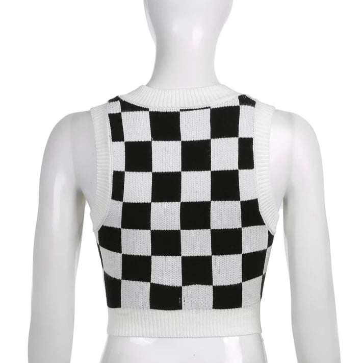 Cute Preppy Argyle Plaid Sweater Vest Sleeveless Knit Crop Top V Neck Shirt Aesthetic Casual Summer E-Girl Kawaii Korean Japanese Harajuku