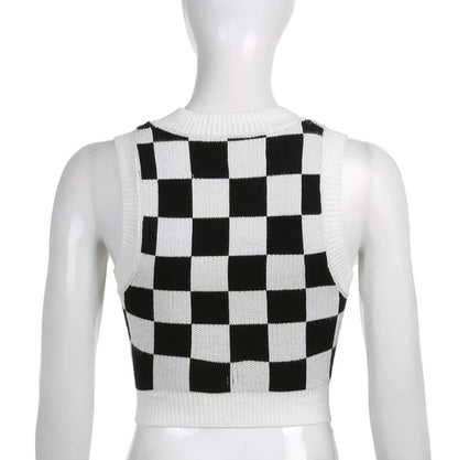 Cute Preppy Argyle Plaid Sweater Vest Sleeveless Knit Crop Top V Neck Shirt Aesthetic Casual Summer E-Girl Kawaii Korean Japanese Harajuku