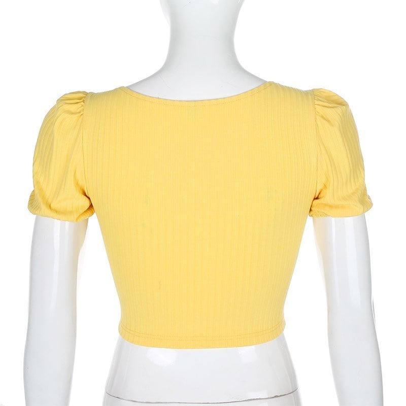 Cute Yellow Flower Embroidery Button V Neck Short Sleeve Shirt Crop Top Cardigan Summer Aesthetic E-Girl Kawaii Korean Japanese Harajuku Streetwear