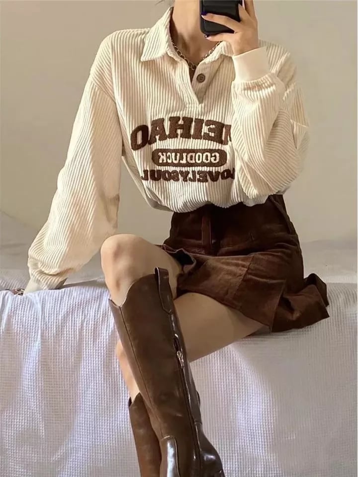 Beige Embroidery Polo Collar Embroidery Oversized Long Sleeve Shirt