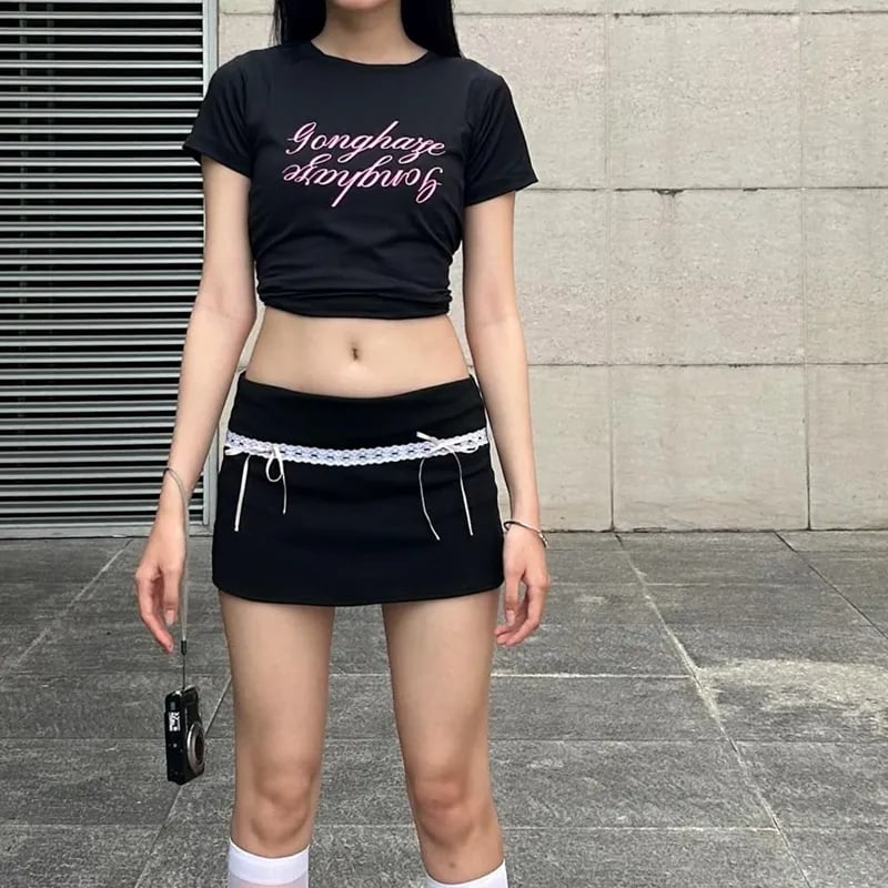 Black Bow Lace Trim High Waist Mini Skirt