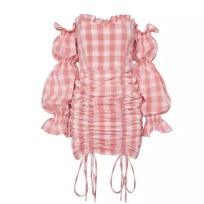 Cute Pink Gingham Plaid Off Shoulder Long Sleeve Drawstring Bodycon Dress Aesthetic Casual Summer E-Girl Kawaii Korean Japanese Harajuku