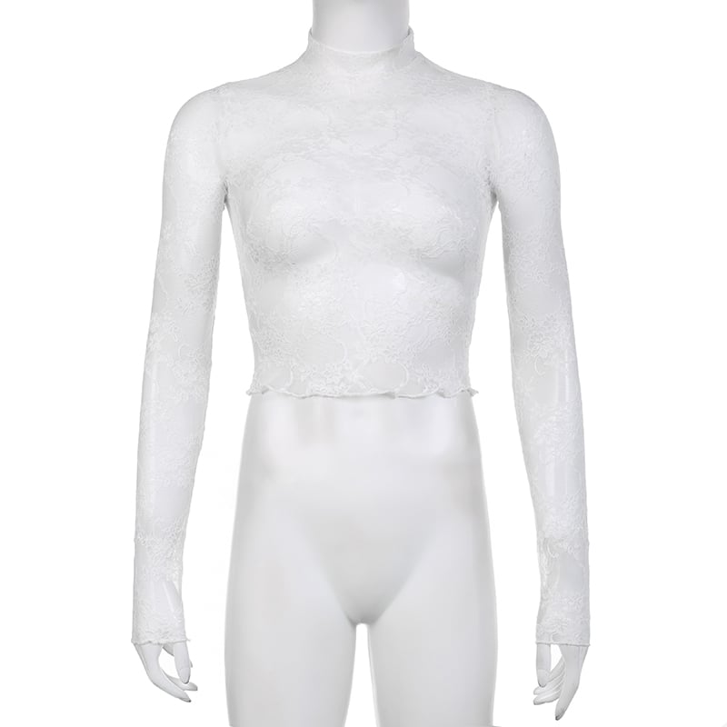 White Transparent Lace Turtleneck Crop Top