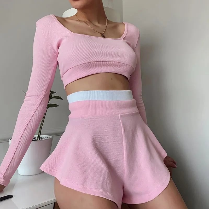 2PCS Pink Patchwork Long Sleeve Shirt + Shorts
