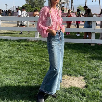 Pink Sheer Ruffle Long Sleeve Shirt