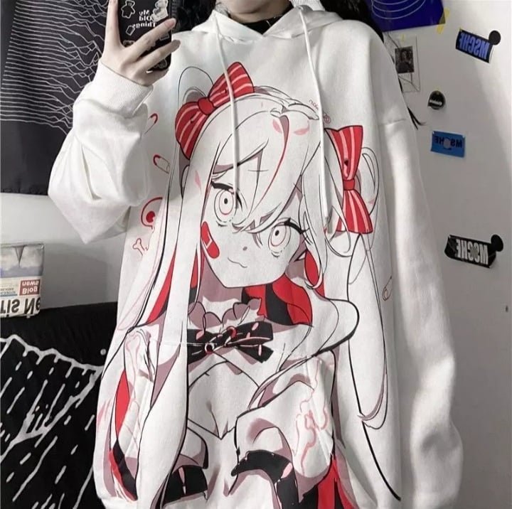 Cute Pink Anime Girl Cartoon Graphic Print Oversized Fleece Hoodie Sweatshirt Aesthetic Casual E-Girl Kawaii Korean Japanese Harajuku