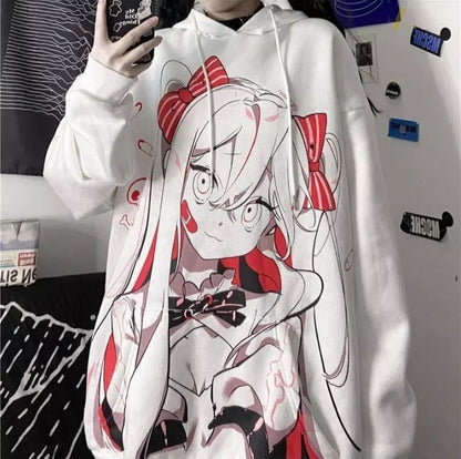 Cute Pink Anime Girl Cartoon Graphic Print Oversized Fleece Hoodie Sweatshirt Aesthetic Casual E-Girl Kawaii Korean Japanese Harajuku