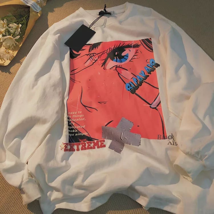 Cute Black Anime Girl Cartoon Print Hoodie Sweatshirt Long Sleeve Shirt Aesthetic Casual Summer E-Girl Kawaii Korean Japanese Harajuku