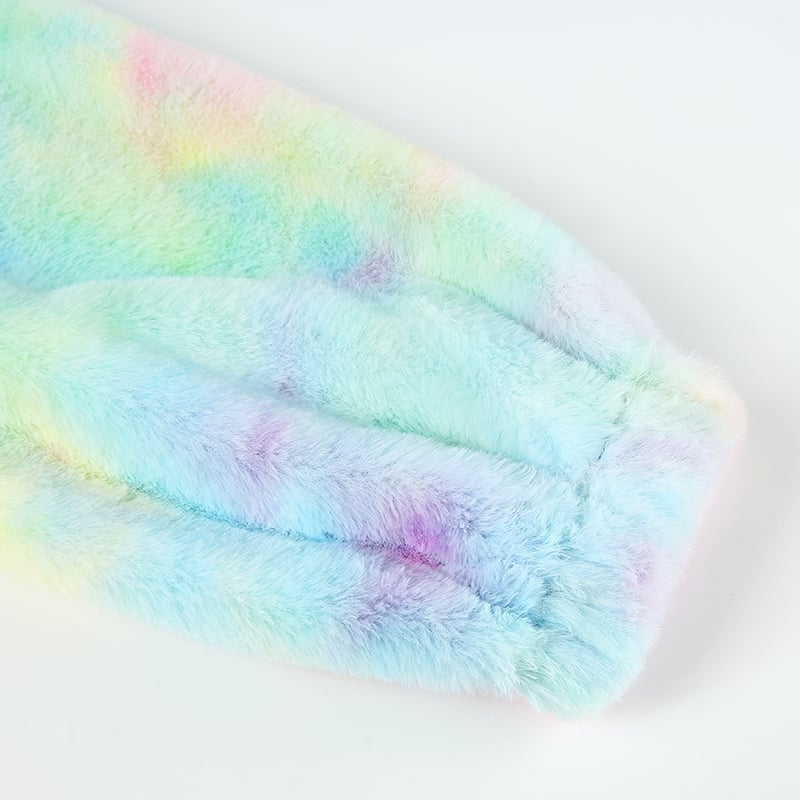 Cute Casual Rainbow Furry Tie Dye Plush Crop Long Sleeve Loose Sweatshirt Pullover E-Girl Kawaii Korean Japanese Harajuku Retro Streetwear Aesthetic