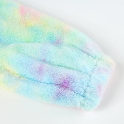 Cute Casual Rainbow Furry Tie Dye Plush Crop Long Sleeve Loose Sweatshirt Pullover E-Girl Kawaii Korean Japanese Harajuku Retro Streetwear Aesthetic