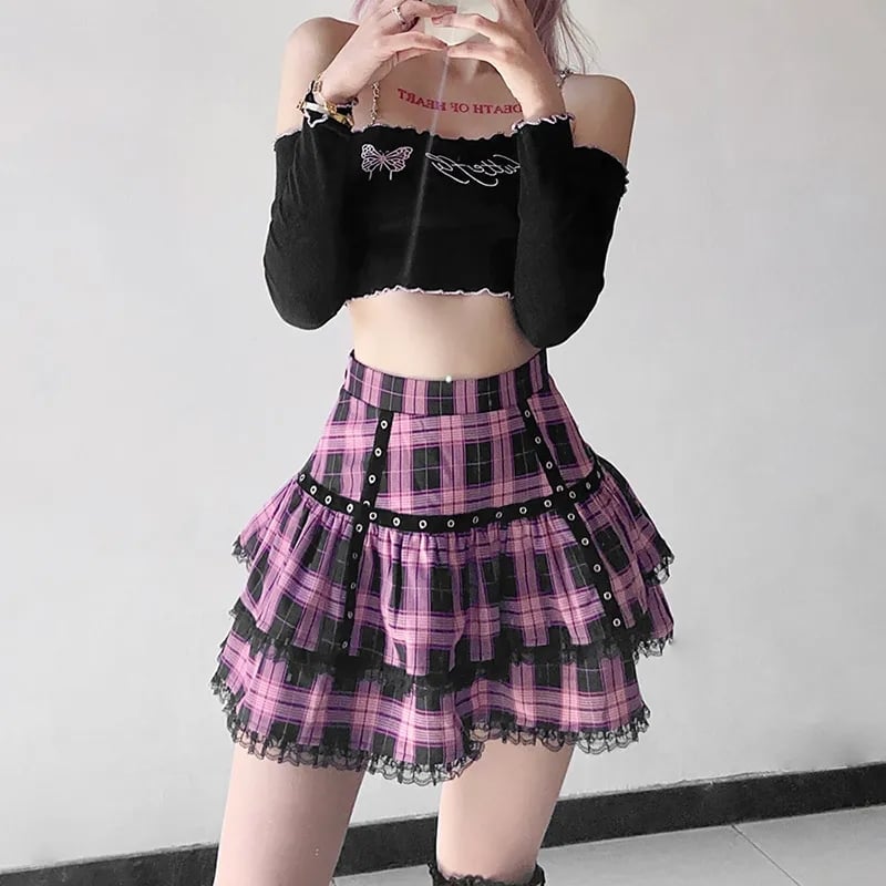 Pink Plaid Pleated Lace Mini Skirt
